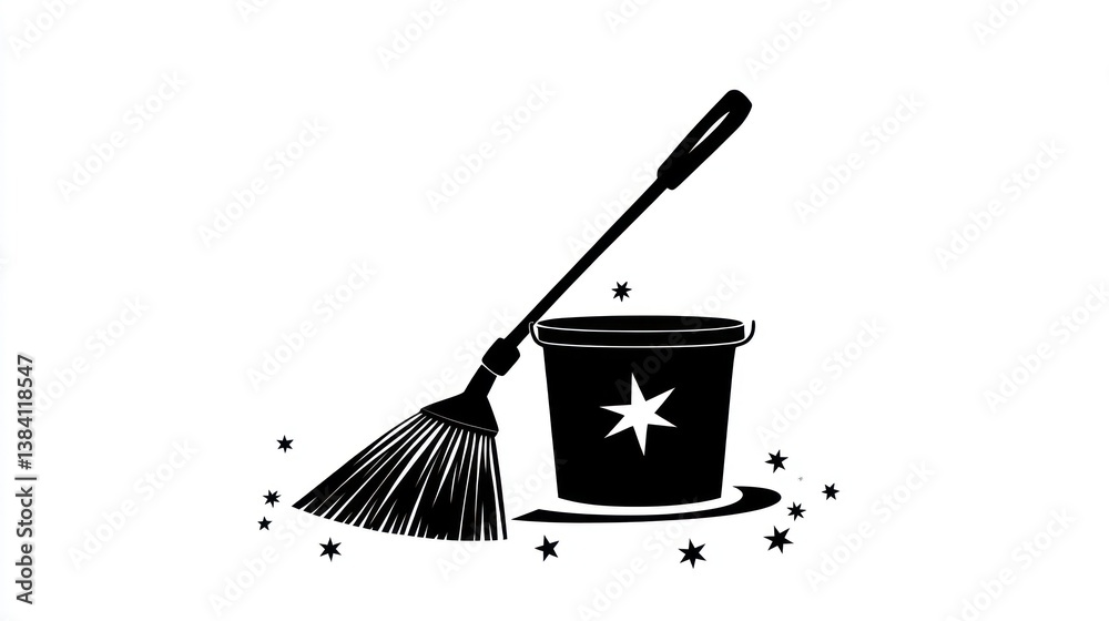 Broom and bucket cleaning supplies, white background, sparkle effect, cleaning service icon