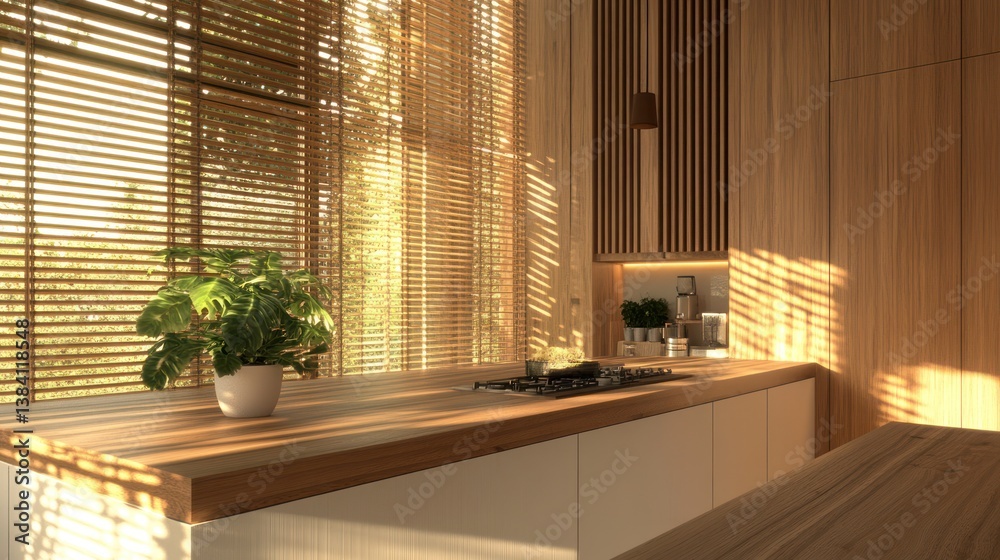 Sunlit modern kitchen island, wood accents, plant, design