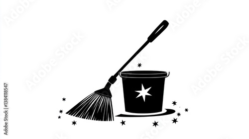 Obraz na płótnie Broom and bucket cleaning supplies, white background, sparkle effect, cleaning service icon w salonie