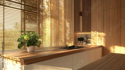 Obraz na płótnie Sunlit modern kitchen island, wood accents, plant, design w salonie