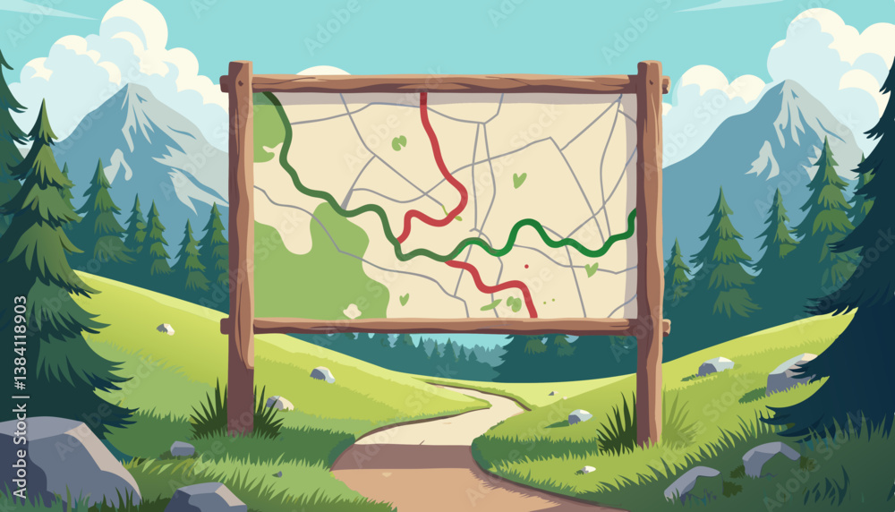 Fototapeta premium Hiking Map Illustration in Forest Landscape with Mountains 