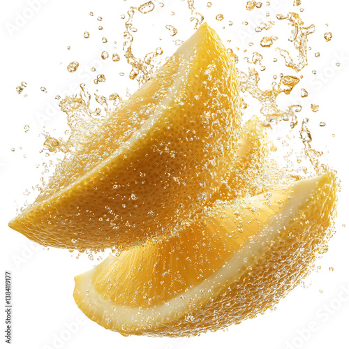 Refreshing Lemon Wedge Falling Into Sparkling Water Isolated on Transparent Background