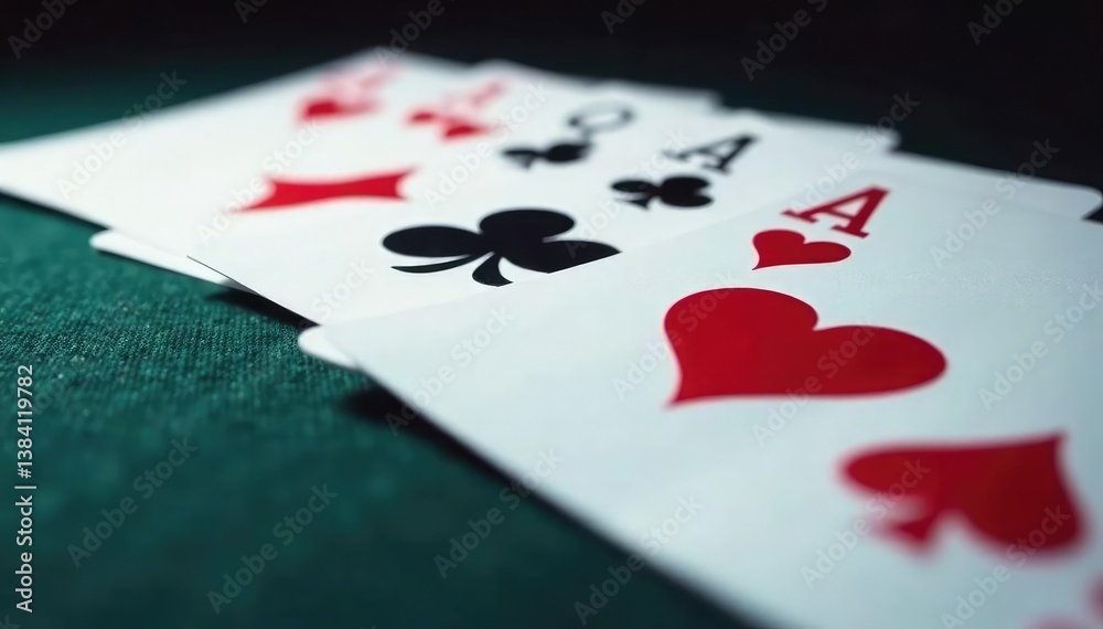 Playing cards arranged in a row showing ace of spades, hearts, diamonds, clubs , isolated, casino Playing cards arranged in a row showing ace of spades, hearts, diamonds, clubs , isolated, casino