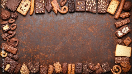 Assorted sweets arranged around empty space on brown textured backdrop, creates border with copy space