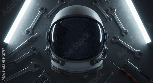 Astronaut helmet surrounded by tools in a dark environment  