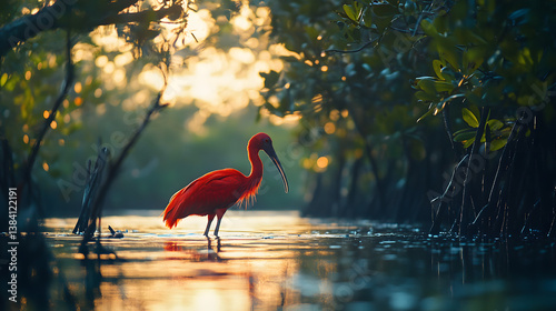 Scarlet Ibis in a serene wetland. A striking red bird stands in shallow water amidst mangrove trees. Golden light filters through the lush foliage.