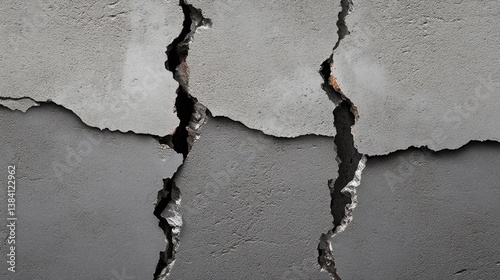 Wall cracking under stress. Damaged interior structure displaying severe lines against a grey background