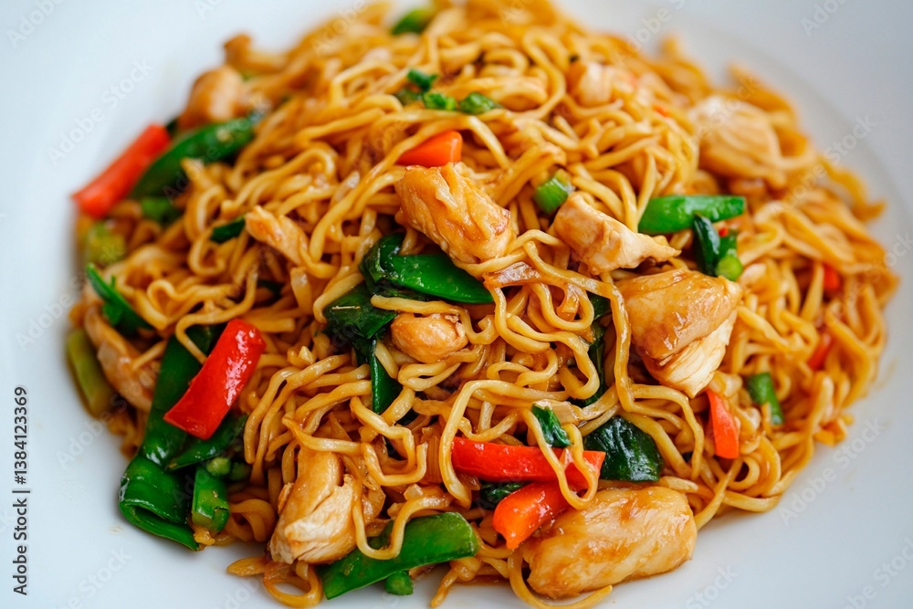 A bowl filled with stir-fried noodles featuring tender chicken and mixed vegetables, including bell peppers and green beans, showcasing a vibrant and appetizing presentation