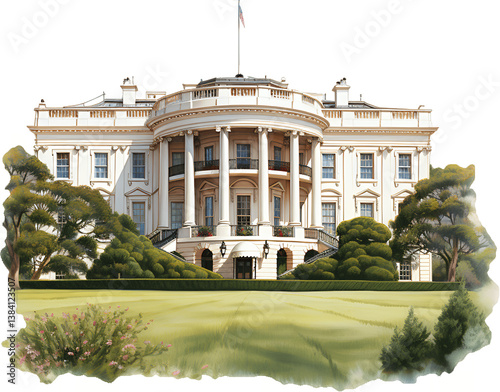 White House watercolor illustration showing iconic American presidential residence with neoclassical architecture and landscaped grounds