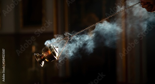 Burning incense in censer creating aromatic smoke dark setting
