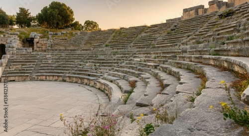 Ancient stone amphitheater at sunset with weathered seating and overgrown plants photo