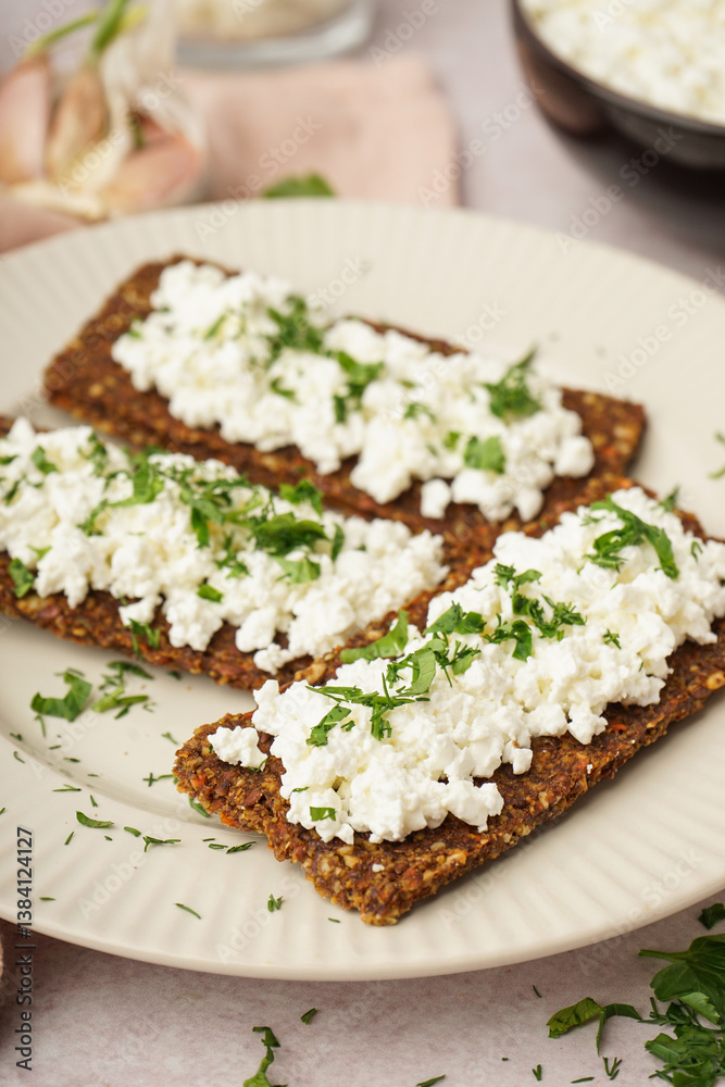 Plate with tasty cottage cheese and rye bread on light grunge background