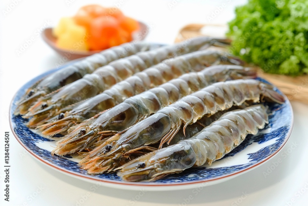 A collection of fresh shrimp is neatly displayed on a traditional blue and white plate, surrounded by fresh vegetables in a vibrant kitchen, showcasing the ingredients for a delightful meal A collection of fresh shrimp is neatly displayed on a traditional blue and white plate, surrounded by fresh vegetables in a vibrant kitchen, showcasing the ingredients for a delightful meal