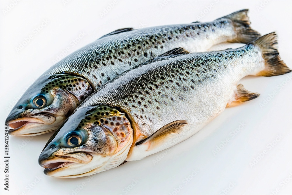 Two freshly caught rainbow trout lie on a clean surface, glistening with moisture. Their vivid colors highlight the freshness, making them perfect for a delicious meal any time Two freshly caught rainbow trout lie on a clean surface, glistening with moisture. Their vivid colors highlight the freshness, making them perfect for a delicious meal any time