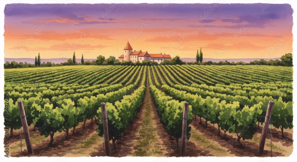 Scenic vineyard landscape at sunset with rows of grapevines and distant winery. Tuscan countryside painting. Rural farm scenery for wine label or travel poster design. Scenic vineyard landscape at sunset with rows of grapevines and distant winery. Tuscan countryside painting. Rural farm scenery for wine label or travel poster design.