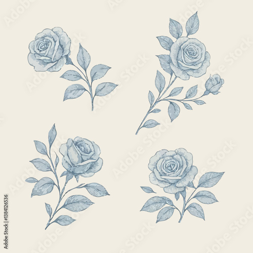 Vintage French style roses in blue and white colours