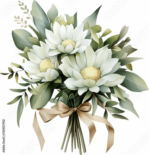 White water lily bouquet with sage green eucalyptus leaves tied with champagne gold ribbon