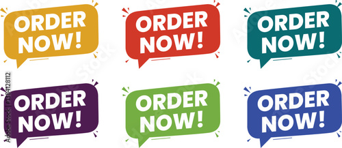 Bright and bold "Order Now" speech bubble buttons in vibrant colors with playful design elements, perfect for catching attention in promotional campaigns.

