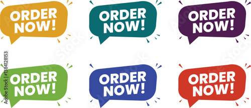 Bright and bold "Order Now" speech bubble buttons in vibrant colors with playful design elements, perfect for catching attention in promotional campaigns.

