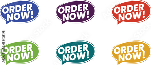 Bright and bold "Order Now" speech bubble buttons in vibrant colors with playful design elements, perfect for catching attention in promotional campaigns.


