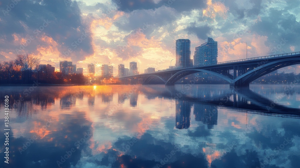 Φωτογραφία City skyline reflected in water with a bridge and cloudy sky at sunset