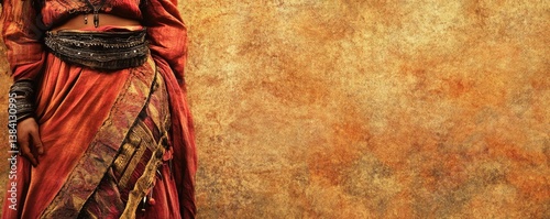 Woman stands wearing ethnic attire against textured amber background