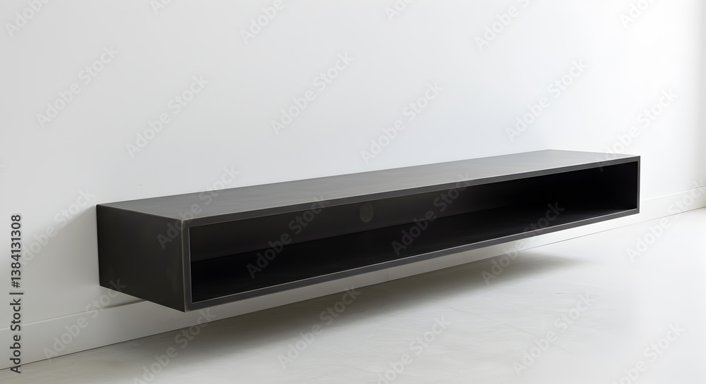 Contemporary Blackened Steel Floating Media Console Against White Wall Interior Contemporary Blackened Steel Floating Media Console Against White Wall Interior