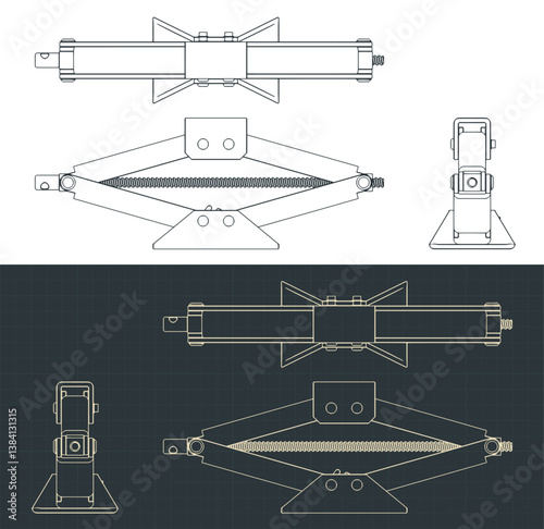Car scissor jack lift blueprints illustrations