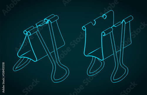 Binder clip isometric blueprints illustration