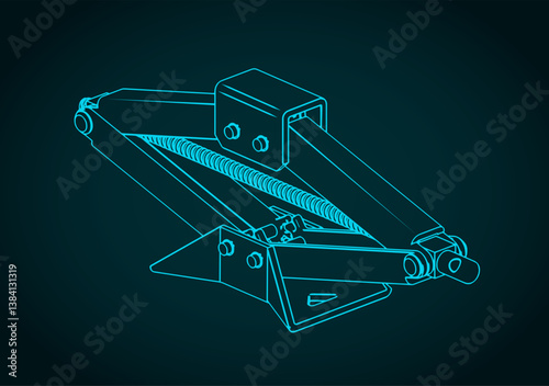 Car scissor jack lift isometric blueprint illustration