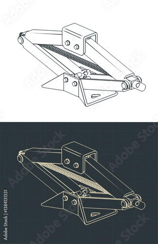 Car scissor jack lift isometric blueprint illustrations