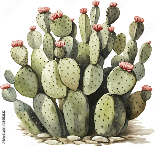 Watercolor prickly pear cactus patch with coral blooms on desert ground, natural botanical landscape illustration  