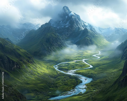 A wideangle view of a glacierfed river winding through a mountain valley, Mountain Landscape, Stunning and remote photo