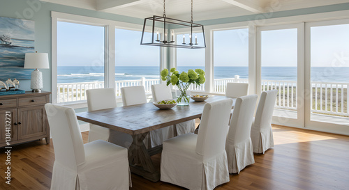Elegant Coastal Dining Room With Ocean Views And White Slipcovered Chairs