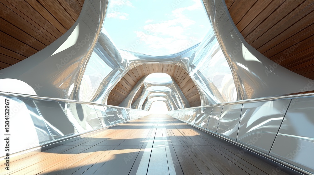 Fototapeta premium Interior view of a modern hallway with wooden ceiling and light at end.