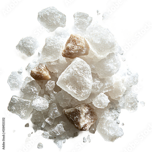 Suspended salt crystals isolated on transparent background, floating mineral ingredient cut out for food styling and culinary photography