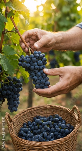 Winemaker harvesting ripe purple grapes from vineyard. Man's hands picking fruit clusters for wine production. Organic farming and winemaking concept. Autumn harvest scene