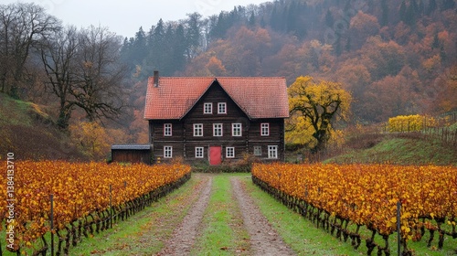 Autumnal farmhouse nestled in a vineyard