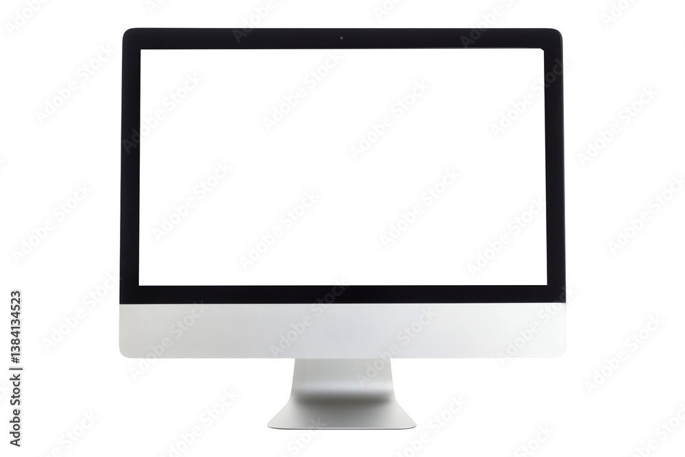Sleek computer monitor mockup with black bezel and silver stand on transparent background. Sleek computer monitor mockup with black bezel and silver stand on transparent background.