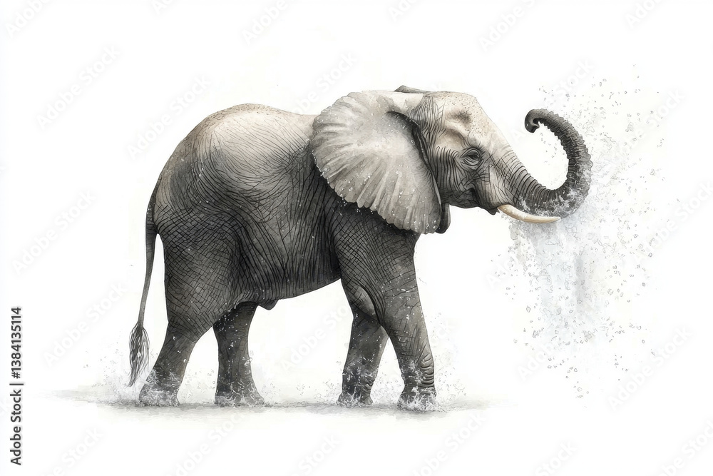 Obraz premium Majestic elephant splashing water with its trunk, standing in shallow pool, depicted in detailed and artistic style against white background