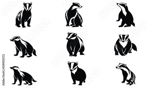 Badger Silhouettes Collection: Black Vector Illustrations of Striped Mammals