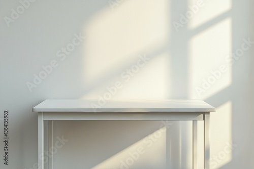 A white desk with a window in the background