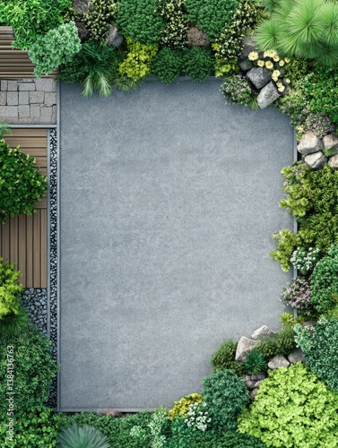 Modern courtyard design with gray concrete pavement and lush greenery