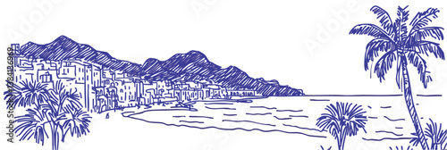 Beautiful summer european travel destination. Hand drawn style of south france or Italy coastline