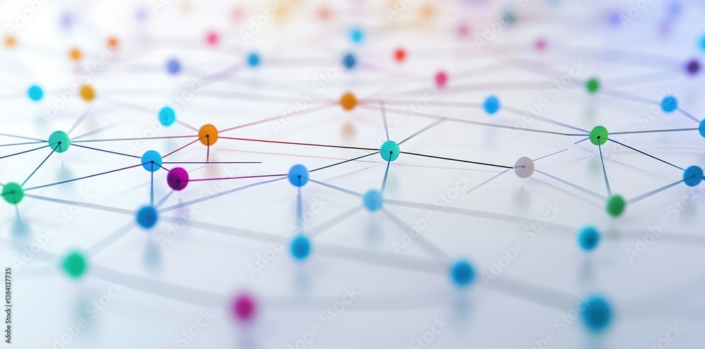 Abstract representation of interconnected colorful nodes and lines on a white background. symbolizing networking and collaboration in a digital environment Abstract representation of interconnected colorful nodes and lines on a white background. symbolizing networking and collaboration in a digital environment