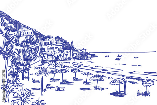 Beautiful summer european travel destination. Hand drawn style of south france or Italy coastline