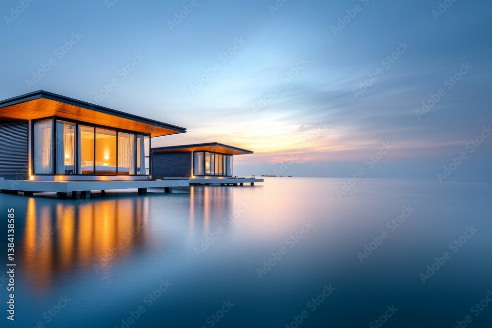 Two houses are on a lake, one of which is lit up Two houses are on a lake, one of which is lit up