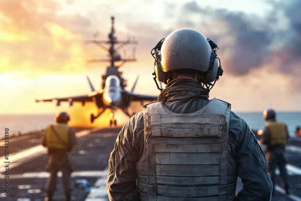 Man in a military uniform stands on a ship with a jet in the background