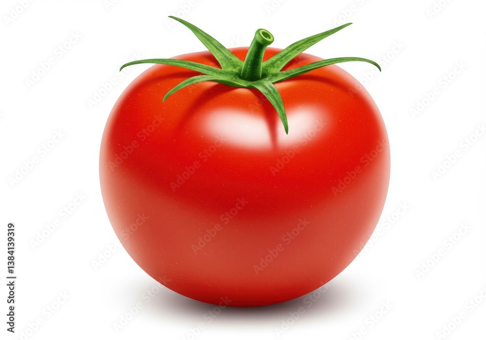 A single ripe red tomato with green stem and leaves isolated on a plain white background surface view A single ripe red tomato with green stem and leaves isolated on a plain white background surface view
