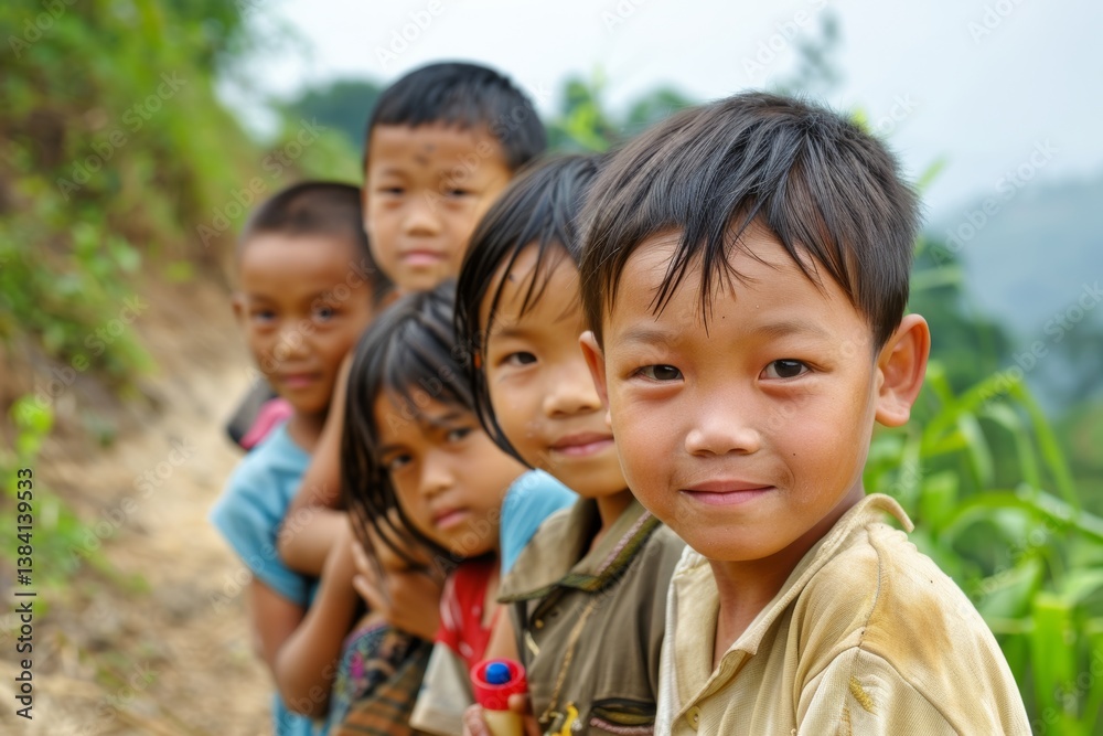 Group of asian kids smiling and looking at camera in the field Group of asian kids smiling and looking at camera in the field